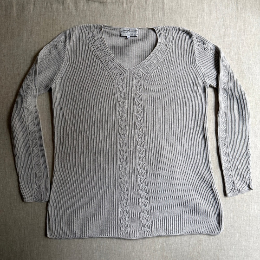 Peruvian Connection Pima Cotton Cable Knit Sweater Gray Large Relaxed